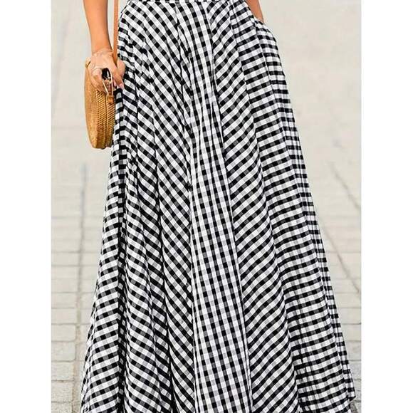 Women's Elegant Plaid Mid-Length High Waist Flared Skirt With Draping Effect, Sp - Picture 4 of 4